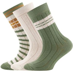 3-Pack Kindersokken Ewers met Ribpatroon - Set van 3 paar - Effen Creme/Beige en Creme met Strepen Groen en Oranjebruin-31/34