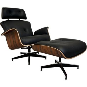 Lounge Chair XL met Extra hoge rugleuning + Hocker - Zwart - Italiaans Leder - Palissander - Premium - Meubi - Fauteuil - Set