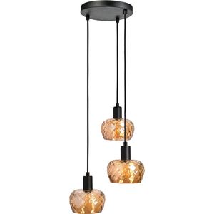 Moderne mat zwarte hanglamp met amberkleurig glas, 3-lichts - Scott