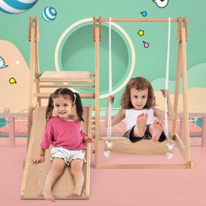 Glijbaan en schommel voor kinderen, houten speelgoed voor kinderen. Gemaakt van massief grenen multiplex. 3 in 1 kinderspeelgoed met klimrek, schommel, glijbaan, combinatiespeelgoed voor binnengebruik.