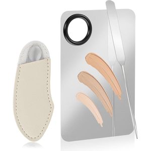 3 Pcs Stainless Steel Makeup Mixing Palette - Cosmetic Spatula en Foundation Brush voor Concealer en Eyeshadow (Silver, PU Case)