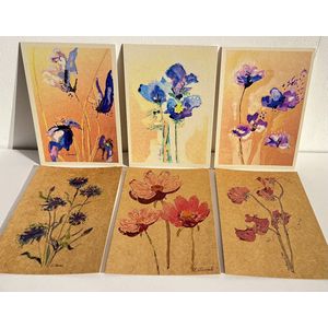 Unieke handcrafted wenskaarten- set van 12stuks- kraft papier- bloemen- kunst