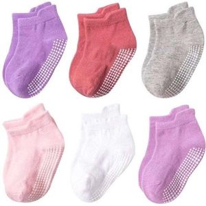 6 Paar - Antislip Sokken Kind Baby - 1-3 jaar - Paars Roze - Enkelsokken
