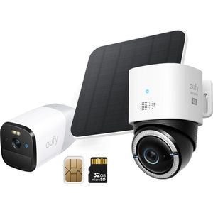 eufy 4G LTE S330 Camera - met WiFi - 4K Pan&Tilt - Volkomen draadloos met zonnepaneel - AI Tracking en 4G verbinding met simkaart + 4G Starlight 2K Draadloze beveiligingscamera - 8GB Opslag - Accu