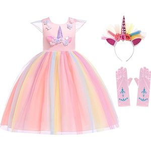 Unicorn prinsessenjurk - Prinsessenjurk meisje - Eenhoorn - Haarband - Het Betere Merk - maat 98(100) - Verkleedkleren Meisje - Roze - Prinsessenhandschoenen