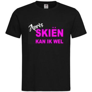 T-shirt Unisex Volwassenen Lol - carnaval - kermis - feestje - grappig - humor - Tekst ""Après skiën kan ik wel"" | korte mouw | Zwart/fluor pink/wit | maat XL