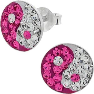Zilveren oorbellen | Oorstekers | Zilveren oorstekers, roze yin en yang met kristallen
