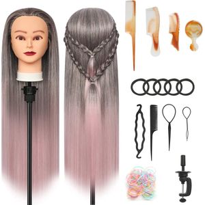Oefenhoofd voor kappers, 28 inch trainingshoofd met synthetisch haar, perfect voor kapsels, inclusief breikit en tafelclips (gradient roze)