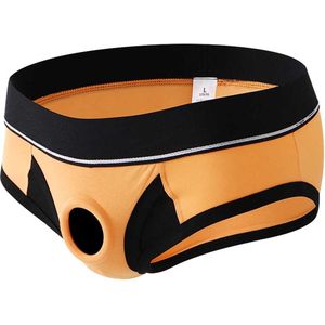 Oranje strakke heren slip met penis gat - BDSM ondergoed mannen - Korte string - Rollenspel - Erotiek - Zeer goede dikke kwaliteit polyester