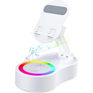Mobiele telefoonhouder, 2025 verbeterde draadloze inductie-audio-Bluetooth-luidsprekerhouder met kleurrijk omgevingslicht, oplaadbaar voor noodgevallen, 360° opvouwbaar (wit)