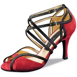 Nueva Epoca Cosima Dansschoenen voor Dames met Suède zolen - Rood met Zwart - Danshakken 7 cm hoog - Argentijnse Tango, Salsa, Latin schoenen - Meerdere bandjes - Nueva Epoca - Zwart/Rood - 38