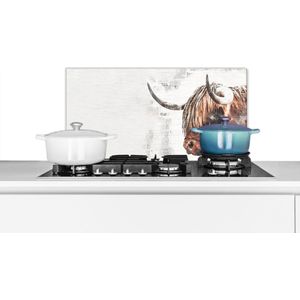 Spatscherm keuken 70x30 cm - Kookplaat achterwand Schotse hooglander - Koeien - Krantenpapier - Muurbeschermer - Spatwand fornuis - Hoogwaardig aluminium