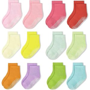 Antislipsokken voor Kinderen - 12 Paar, Comfortabele en Kleurige ABS-Sokken voor Peuters van 0-10 Jaar