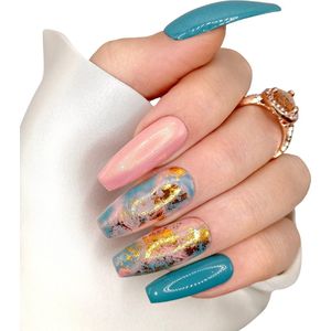SD Press on Nails - B197- Plaknagels - Nagelset 20 Nagels - Nepnagels - Groen Nude - Gellak - Nagellak - XL Ballerina Coffin Nageltips - Nepnagels met Lijm - Kunstnagels - Nail Art - Handmade - Valse nagels - Nagelvijl - Accessoires - Extreme Nails