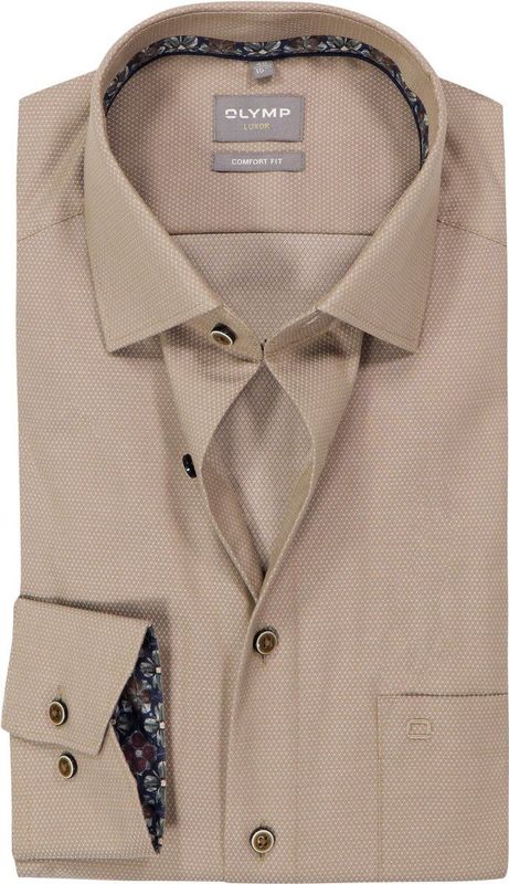 OLYMP Luxor comfort fit overhemd - structuur - noga bruin - Strijkvrij - Boordmaat: 43