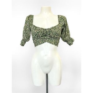 Bloemenprint crop top - Groen - Korte top met bloemen print - Floral top - Pof mouwen - Tie up - Verstelbaar - One-size - Een maat