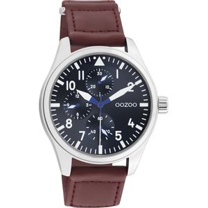 OOZOO Timpieces - zilverkleurige horloge met bruine klittenband polsband - C11006