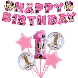 Loha-party®Folie ballon cijfer 1 Set-De 1e verjaardag ballonnen set-De eerste verjaardag-Minnie mouse-Roze cijfer 1-XXL cijfer 1 Ballon-Meisje Verjaardag decoratie-Versiering ballonnen-slinger