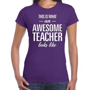 Bellatio Decorations cadeau t-shirt dames - awesome teacher - lerares bedankje - juffendag - paars XXL