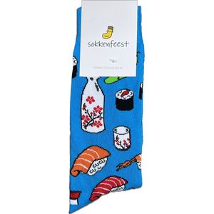 Sokkenfeest Sushi Sokken - One Size Fits All - Blauwe Sokken Met Japanse Delicatesse - Origineel Cadeau Voor Sushi Liefhebbers - Unisex