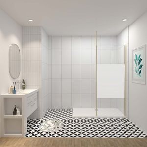 90x200cm inloopdouche, 8mm midden wit gematteerd gehard glas met explosieveilige folie, stabilisatiestang 200cm, goud.