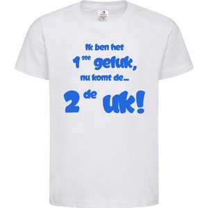 Shirt Aankondiging zwangerschap Ik ben het 1ste geluk, nu komt de ... 2de uk! | korte mouw | wit/blauw | maat 122/128 zwangerschap aankondiging bekendmaking Baby big sis bro sister brother Grote Zus Broer