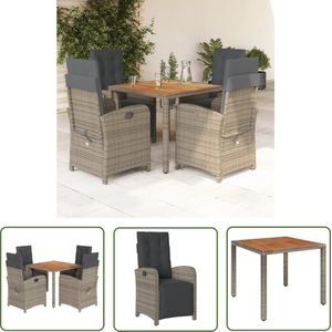 The Living Store Bistroset Grijs PE-Rattan 4 Verstelbare Tuinstoelen 1 Tafel - Comfortabele Zitkussens met Afneembare Hoes