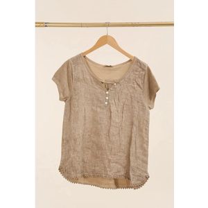 Luchtige linnen mix top - kapmouwen - katoenen kant - knoppen voor kant - CAMEL - maat 38/40