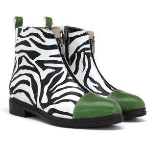 Goby - Zebra Pop - Enkellaarsjes - Vegan Leer - Handgemaakt - Zebra Design met Groene Details