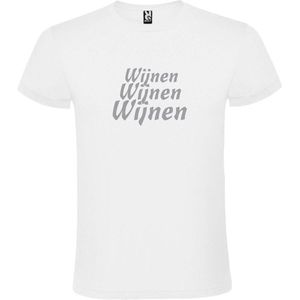 Wit  T shirt met  print van ""Wijnen Wijnen Wijnen "" print Zilver size L