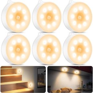Nachtlampje met bewegingsmelder AAA-batterijen auto aan-uit kastverlichting trap slaapkamer keuken kinderkamer - warm licht 6 stuks