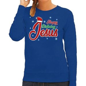 Foute Kersttrui / sweater - Happy Birthday Jesus / Jezus - blauw voor dames - kerstkleding / kerst outfit XL