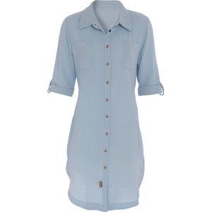 Knit Factory Kim Dames Blousejurk - Lange blouse dames - Blouse jurk lichtblauw - Zomerjurk - Overhemd jurk - L - Indigo - 100% Biologisch katoen - Knielengte
