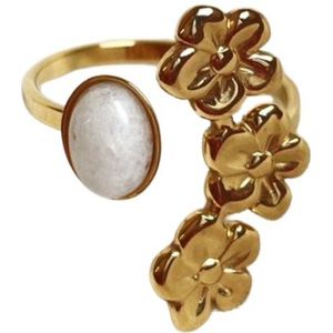 Dottilove Ring van roestvrij staal met drie bloemen van rozenkwarts - 14K Goud Verguld - Dames Sieraden - Goud