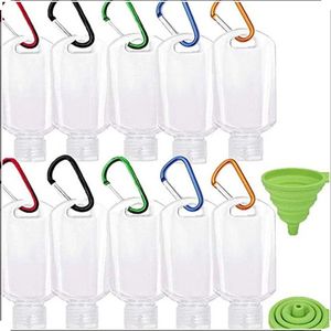 10 stuks - 50 ml lege plastic flessen - handzeep, shampoo, douchegel, monsterflessen - reisformaat - navulbare reisfles met karabijnhaak - geschikt voor thuis, kantoor en buiten - met siliconen trechter