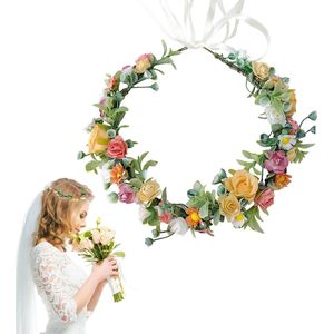 ByShane - Bloemenkroon met lint voor bruid - Groene bloemengarland voor haar - Bruids accessoires - Fotorekwisieten voor bruiloftspartij