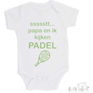 100% katoenen Romper ""ssssstt.. Papa en ik kijken Padel"" Padellen Unisex Katoen Wit/sage green (saliegroen) 56/62