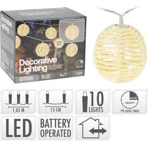 Lichtsnoer met 10 Lampionnen - 1.35m - batterijen - Timer-Ibiza- Naturel -Beige -10 Lampjes-Warm Wit