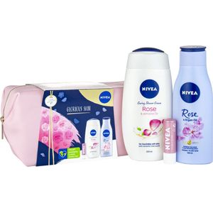 Nivea Geschenkset Toilettas Glorious Skin - Douche Creme, Body Lotion & Lippenbalsem - Cadeau Vrouwen