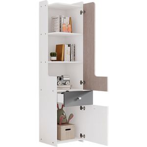 Ojiuboo - Hoge boekenkast - Voor tieners - L-vormig deurontwerp - Met lades en draaideuren - Drie kleuren - MDF-materiaal - Wit + Lichte Iep + Grijs