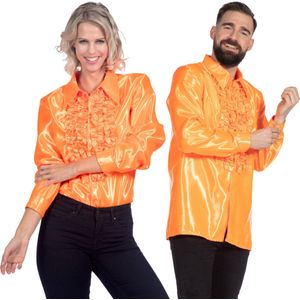 Jaren 80 & 90 Kostuum | Oranje Ruchesblouse Satijn Foute Disco | Maat 48 | Carnaval kostuum | Verkleedkleding