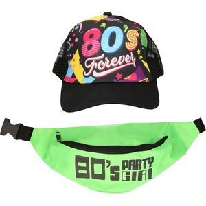 Foute 80s/90s party verkleed set - dames - pet en heuptasje - jaren 80/90 verkleed accessoires