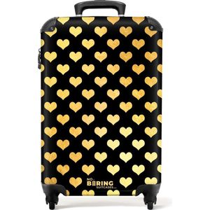 NoBoringSuitcases.com® - Handbagage koffer lichtgewicht - Reiskoffer trolley - Gouden hartjes op zwarte achtergrond - Rolkoffer met wieltjes - Past binnen 55x40x20 en 55x35x25
