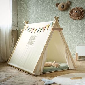 Petite Amélie Tipi Speeltent Off-White - Tipi Tent voor Kinderen met Vrolijke Slinger - 100% Katoen - Extra Veilig door Netraampje & Massief Houten Tentstokken