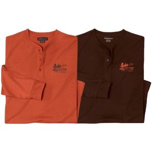 ATLAS FOR MEN - Set van 2 effen T-shirts met knopenhals - Heren - Verkrijgbaar in grote maten - L