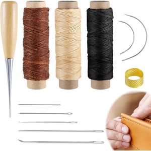 Naainaaldenset 12 stuks gebogen handnaalden met priem en gewaxte draad voor bont canvas reparaties leer borduurwerk boekbinding creatief knutselen