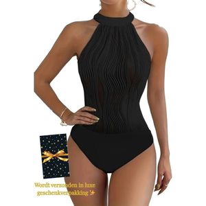Body Dames – Elegante Zwarte Halter Body met Golvend Textuurdesign – Luxe Kwaliteits Bodysuit – Sexy Festival Look – Clubwear – Verfijnde Zwarte Lingerie Top ��– Stretch & Shaping – Lingerie Body Erotisch – Statement Piece – Maat XS/S, M, L, XL