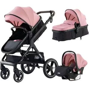 Luxe Kinderwagen 3 in 1 - Wandelwagen Baby - Kinderwagen Inclusief Autostoeltje - Buggy met Wieg - Wandelwagen - Roze met Zwart
