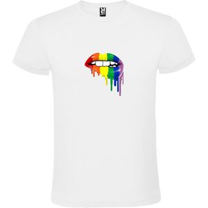 Wit Polyester T shirt met "" LGBT full color Lippen "" print size L