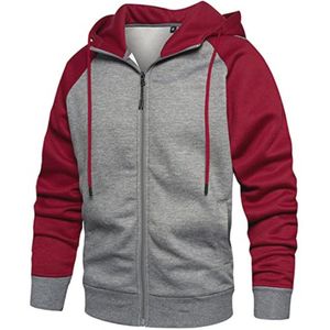 Patchwork Capuchontrui Heren met Ritssluiting - Casual Hoodie met Fleece en Kangoeroezak, Rood/Grijs, XXL